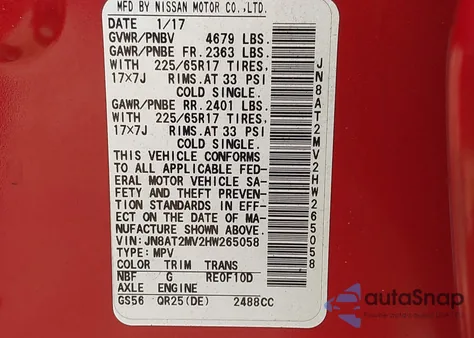 2017 Nissan Rogue Sv из США, поврежденный, VIN JN8AT2MV2HW265058